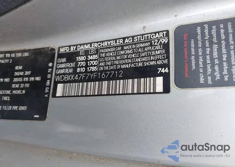 2000 Mercedes-Benz Slk 230 Kompressor from USA, damaged, VIN WDBKK47F7YF167712